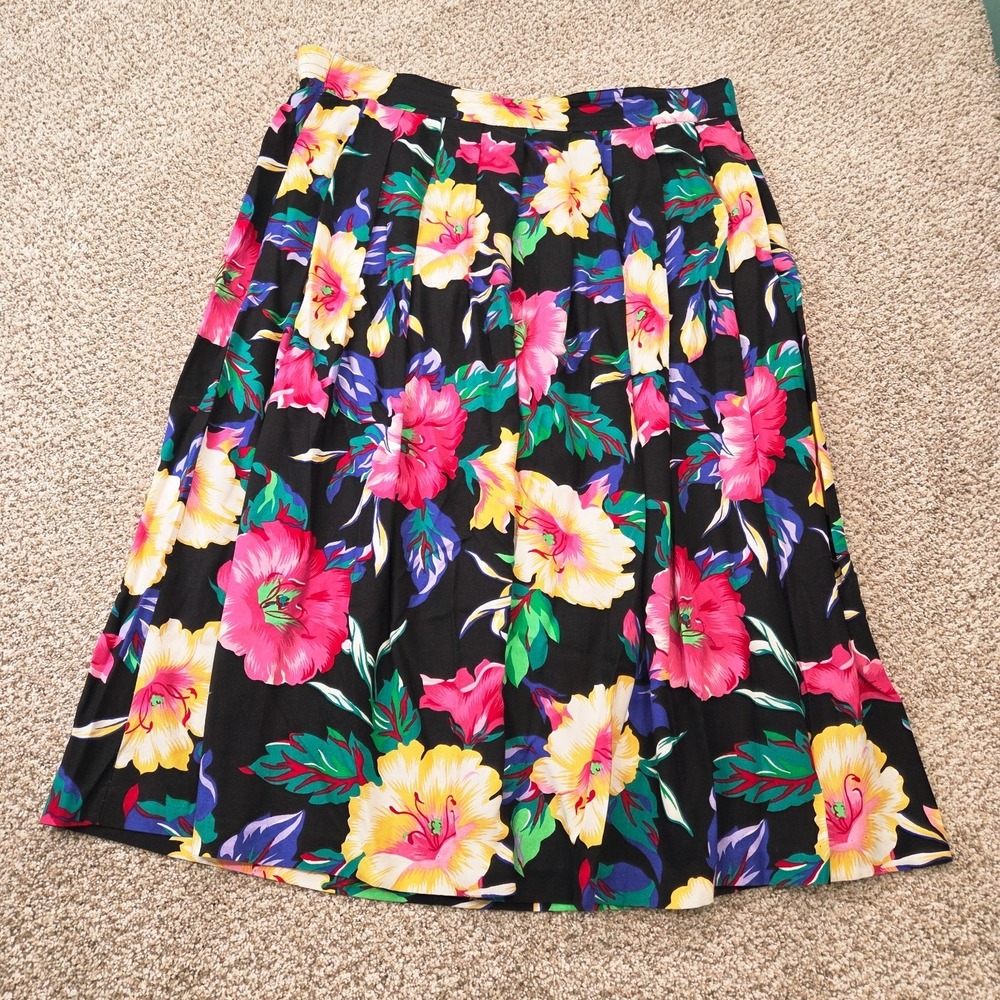 Vintage 90s Black Colorful Floral Midi Skirt Kathie Lee Women's Size‎ 20W